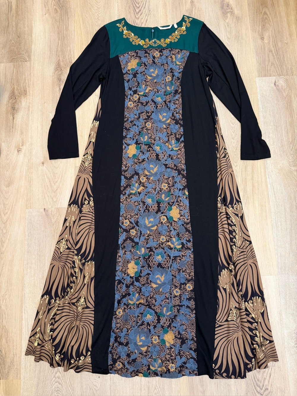 Soft Surroundings Multicolor Floral Panel Long Sleeve Colorblock Maxi Dress